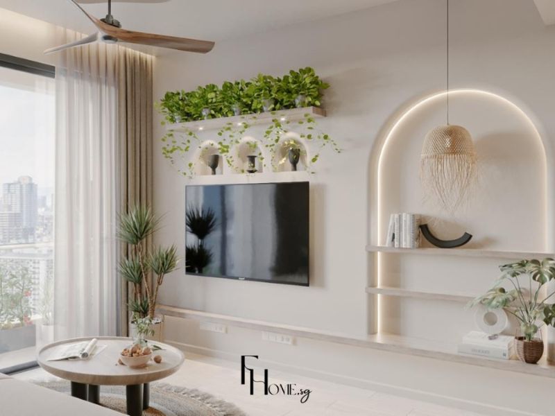Phòng khách chung cư phong cách tối giản kệ cây xanh treo tường hốc vòm đèn hắt vàng đèn thả mây tre FHome Sài Gòn