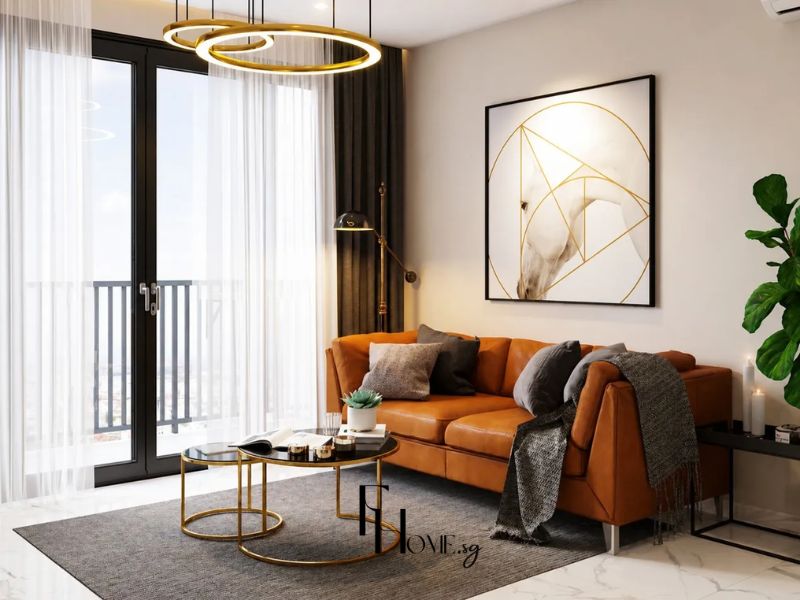 Phòng khách chung cư thảm xám đậm phân vùng ghế sofa da nâu cam rèm voan trắng rèm nâu tối cửa kính