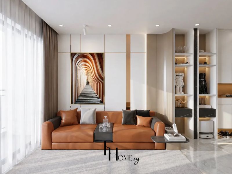Phòng khách chung cư tranh khổ lớn khung mạ vàng phía sau ghế sofa da nâu cam tường ốp lam trắng