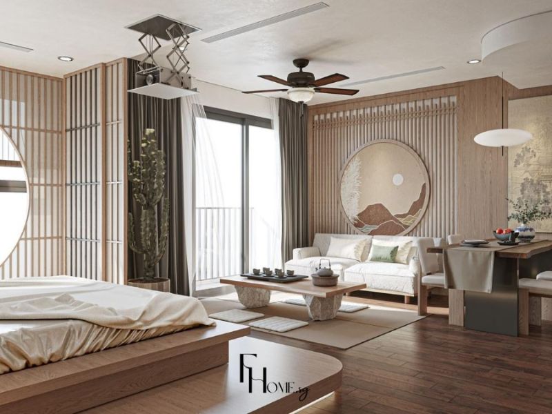 Phòng khách chung cư vách ngăn rèm vải be buông trần sàn linh hoạt kéo ra kéo vào đồng bộ nội thất