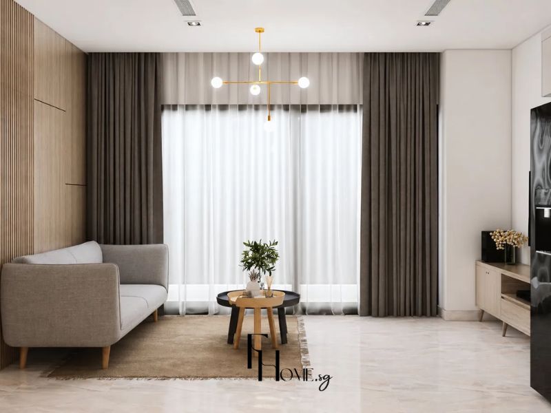 Phòng khách chung cư ghế sofa vải linen xám tường lam gỗ công nghiệp rèm linen nâu