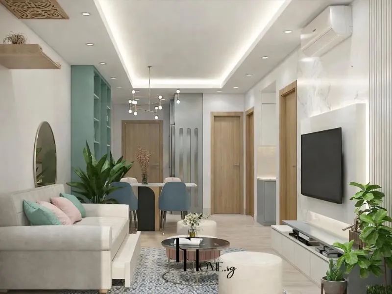 Phòng khách chung cư 45m2 ghế sofa trắng gối xanh mint vách tivi đá trắng bàn ăn ghế xanh kệ xanh ngọc