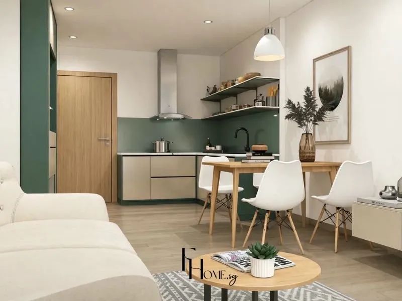 Phòng khách liền bếp chữ L tường xanh rêu kệ mở bàn ăn gỗ tròn ghế trắng thảm kẻ sọc phân vùng