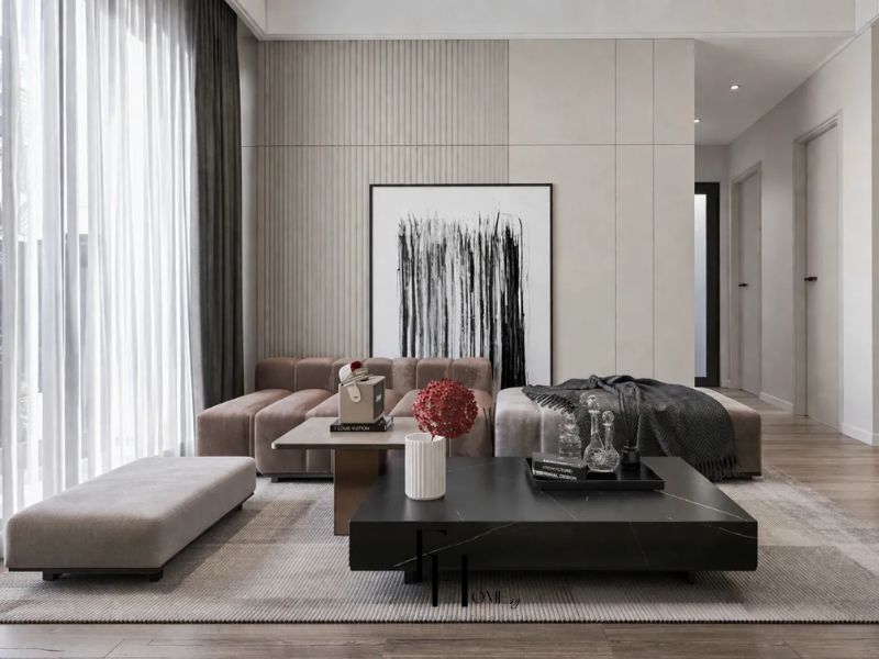 Phòng khách phong cách Hiện đại sofa nhung nâu module, bàn trà đá đen vuông thấp và tường panel lam dọc greige trong thiết kế nội thất căn hộ 90m2