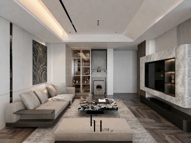 Phòng khách chung cư 90m2 vách tivi đá xám tủ rượu kính mạ vàng bàn thờ tích hợp ghế sofa be bàn trà đá hoa văn