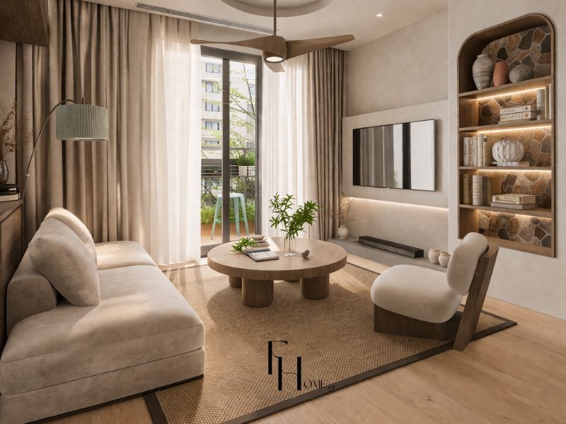 Phòng khách phong cách Scandinavian sofa nhung be, bàn trà gỗ tròn chân trụ thấp và kệ âm tường ốp đá tự nhiên đèn LED trong thiết kế nội thất căn hộ 90m2