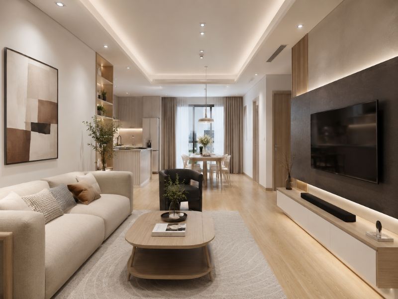 Phòng khách trong thiết kế nội thất chung cư 90m2 với ánh sáng hắt trần, gam màu trung tính và bếp liên thông 