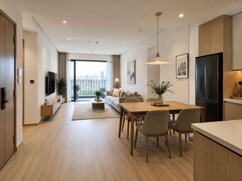 Phòng khách trong thiết kế nội thất chung cư 90m2 liên thông bàn ăn và bếp, có sofa be và cửa kính lớn 
