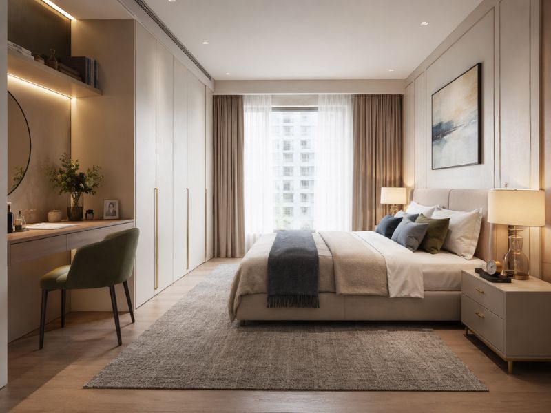 Phòng ngủ căn hộ chung cư 60m2 có tủ áo trắng và bàn trang điểm liền tường