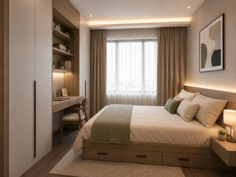 Phòng ngủ nhỏ trong thiết kế nội thất căn hộ 90m2 với giường hộc kéo, bàn làm việc và tủ áo cao