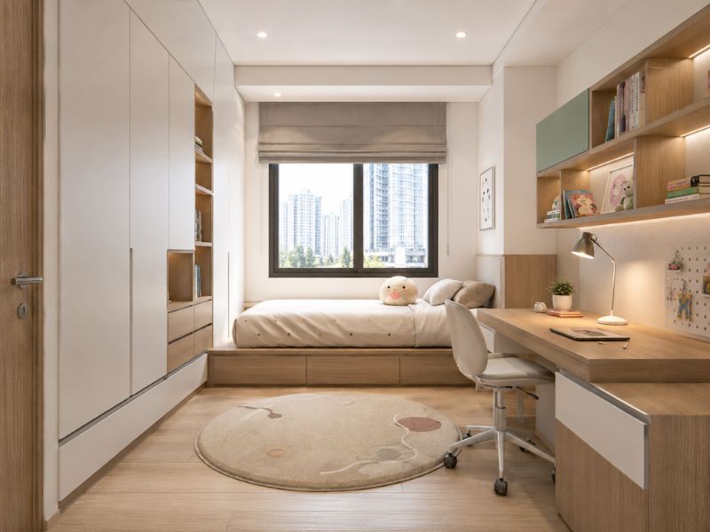 Phòng ngủ nhỏ trong thiết kế nội thất căn hộ chung cư 90m2 với giường hộc kéo, bàn học liền tủ và tủ áo kịch trần 