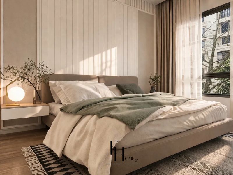 Phòng ngủ phong cách Scandinavian tường panel lam dọc trắng, giường be bọc vải chăn ga xanh rêu và thảm hình học đen trắng trong thiết kế nội thất căn hộ chung cư 90m2