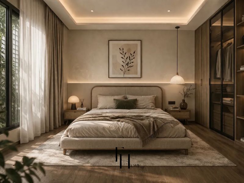 Phòng ngủ phong cách Wabi Sabi tường xi măng be ấm, giường bọc vải chân gỗ và tủ quần áo gỗ kính khung đen lộ kệ trang trí trong thiết kế nội thất chung cư 90m2