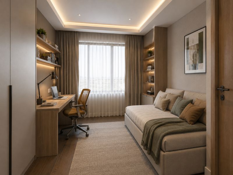 Phòng ngủ phụ trong thiết kế nội thất căn hộ chung cư 90m2 với sofa bed, bàn làm việc và tủ kệ lưu trữ 