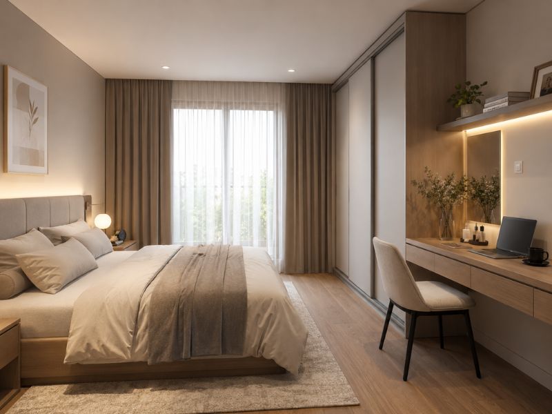 Phòng ngủ thiết kế nội thất chung cư 60m2 có bàn làm việc và tủ áo cánh lùa