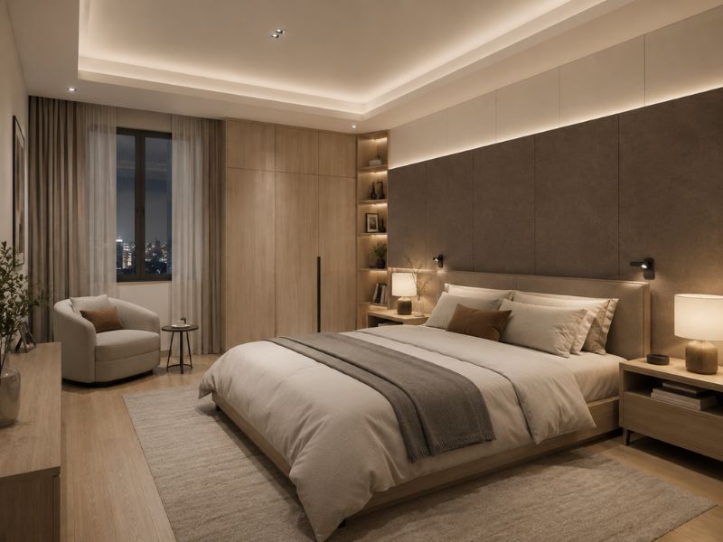 Phòng ngủ trong thiết kế nội thất căn hộ 90m2 với đèn đầu giường, ánh sáng hắt và tủ gỗ sáng 
