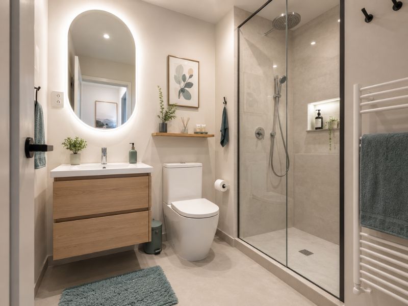 Phòng tắm căn hộ chung cư 60m2 có gương tròn và tủ lavabo gỗ treo