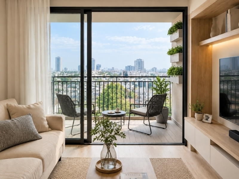 Thiết kế ban công phòng khách căn hộ chung cư 60m2 góc thư giãn xanh mát