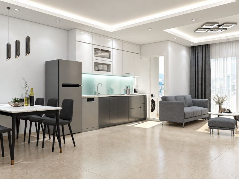 Thiết kế không gian mở căn hộ chung cư 60m2 liên thông khách bếp sàn đồng màu