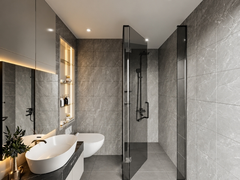 Thiết kế nhà vệ sinh khép kín phòng ngủ Master căn hộ 60m2 vách kính tắm đứng
