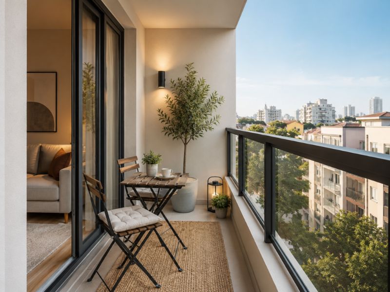 Ban công chung cư 60m2 bố trí bàn ghế gấp, cây xanh và lan can kính
