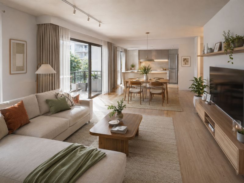 Thiết kế nội thất căn hộ chung cư 90m2 với phòng khách gần ban công, sofa sáng màu và kệ tivi gỗ 