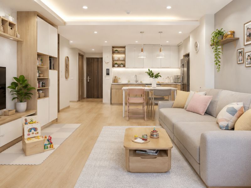 Thiết kế nội thất chung cư 60m2 cho gia đình có con nhỏ với phòng khách liên thông bếp