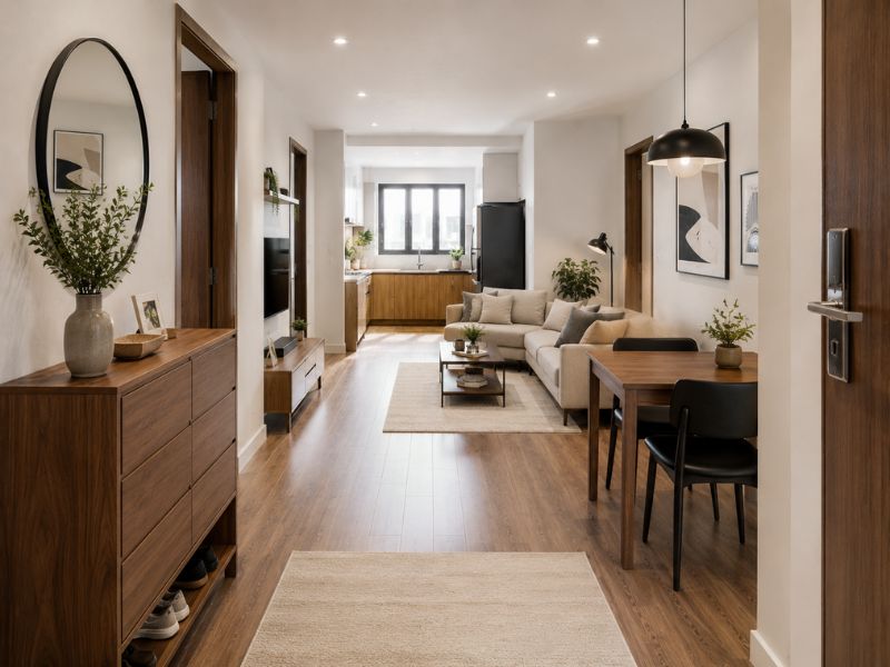 Thiết kế nội thất chung cư 60m2 giữ lối đi chính thông thoáng giữa phòng khách và bếp