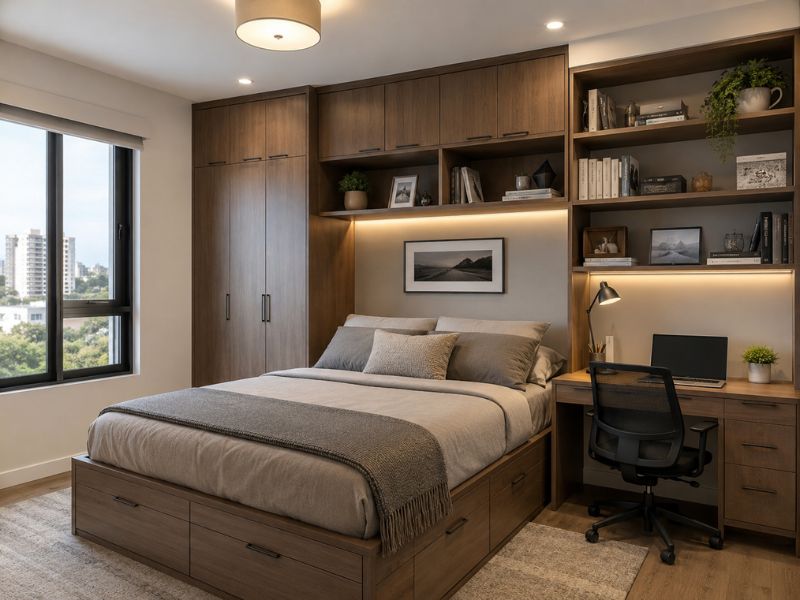 Thiết kế nội thất chung cư 60m2 với hệ tủ kịch trần và giường có hộc kéo