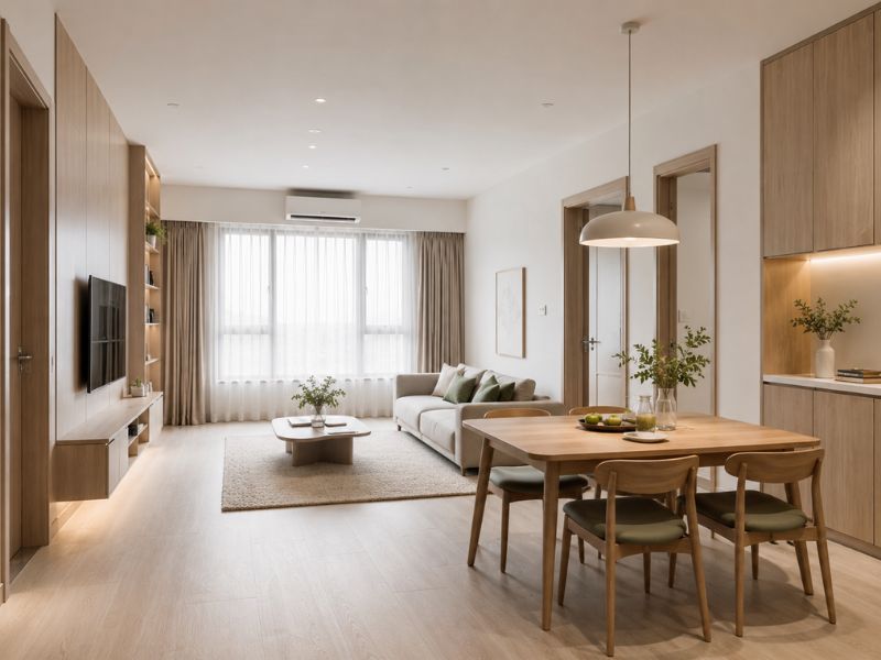 Thiết kế nội thất chung cư 90m2 với bàn ăn gỗ, sofa thấp, kệ tivi gọn và hệ tủ cao kịch trần 