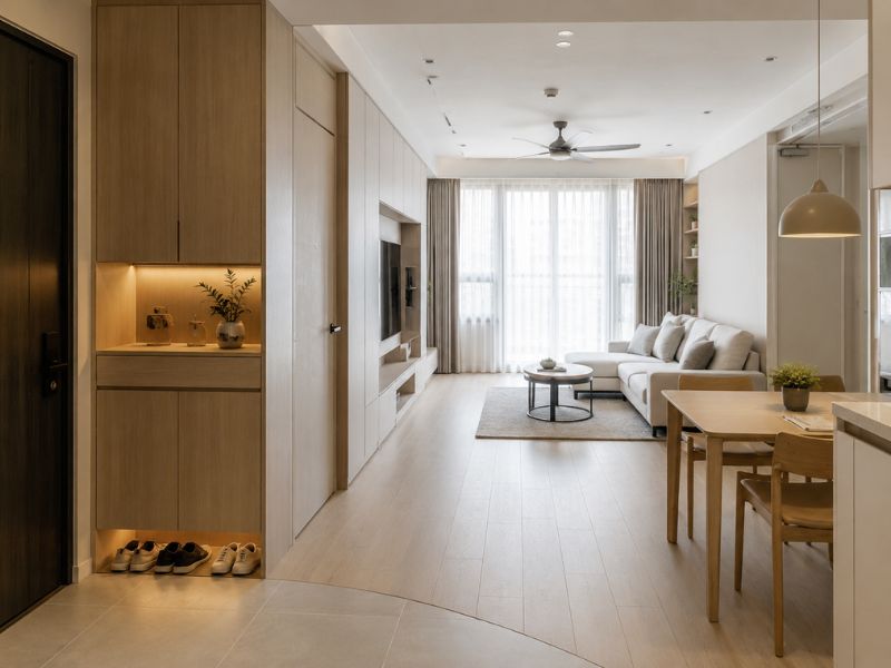Thiết kế nội thất chung cư 90m2 với tủ giày gần cửa ra vào, hệ tủ âm tường và kệ tivi kết hợp lưu trữ