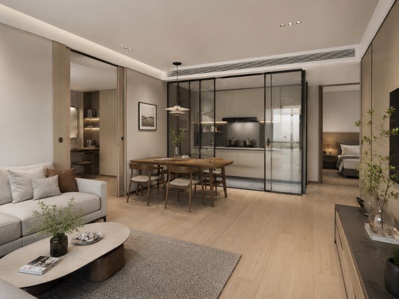 Thiết kế nội thất chung cư 90m2 với phòng khách, bàn ăn, bếp kính và phòng ngủ được phân chia riêng tư 