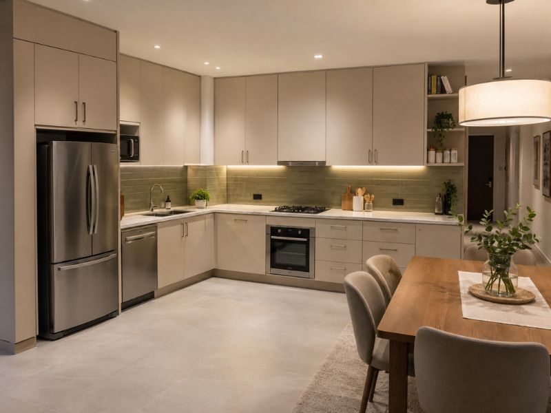 Thiết kế nội thất phòng bếp căn hộ 60m2 dạng chữ L với bàn ăn liền kề