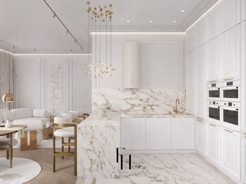 Thiết kế nội thất phòng bếp chung cư 90m2 phong cách Tân Cổ Điển