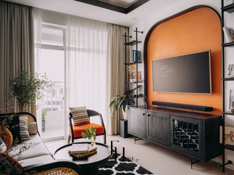 Thiết kế nội thất phòng khách căn hộ chung cư 90m2 phong cách Indochine