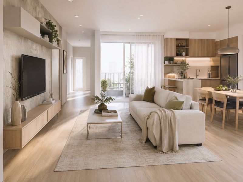 Mẫu phòng khách chung cư 60m2 có kệ tivi gỗ và sofa trắng gần ban công