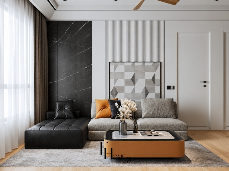 Thiết kế nội thất phòng khách chung cư 60m2 phong cách hiện đại với sofa văng cá tính