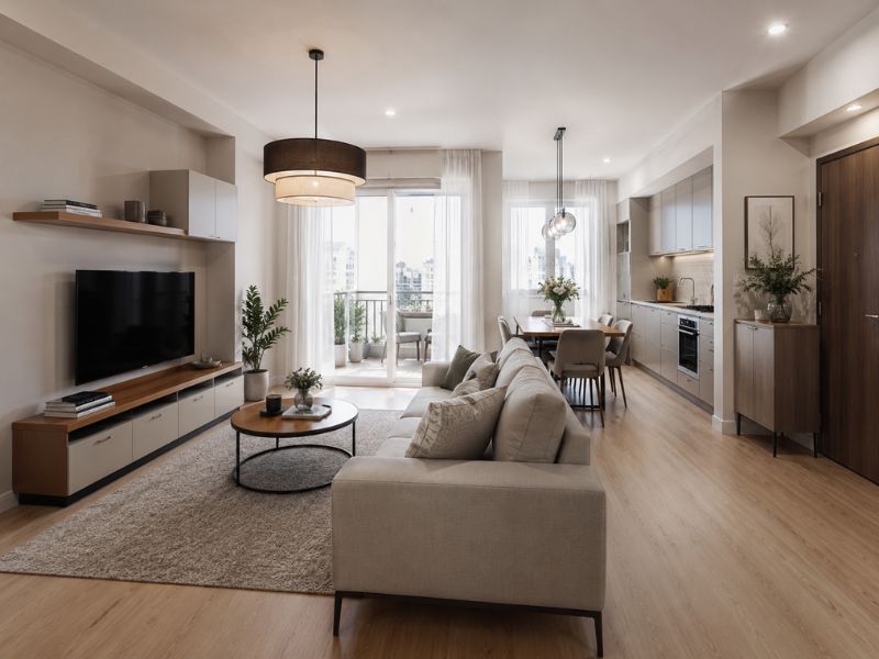 Thiết kế nội thất phòng khách chung cư 60m2 có sofa chữ L và bếp liên thông