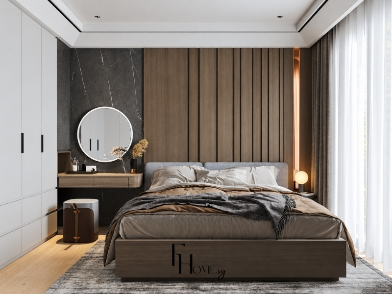Thiết kế nội thất phòng ngủ Master căn hộ 60m2 phong cách hiện đại với vách nan gỗ đầu giường
