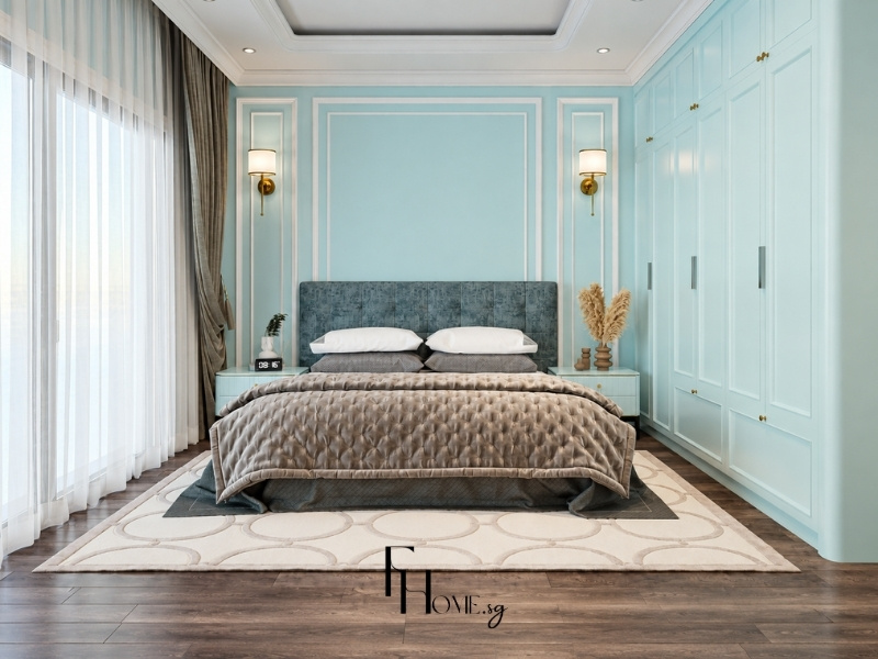 Thiết kế nội thất phòng ngủ căn hộ chung cư 60m2 phong cách tân cổ điển nhẹ tone xanh mint
