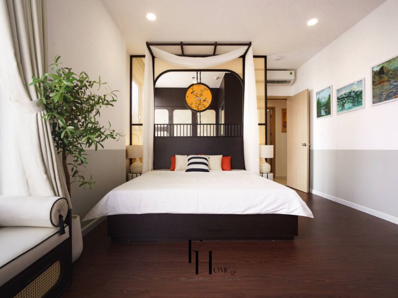 Thiết kế nội thất phòng ngủ căn hộ chung cư 90m2 phong cách Indochine