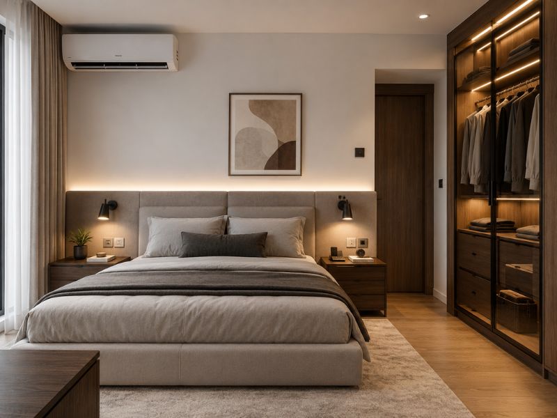 Thiết kế nội thất phòng ngủ chung cư 60m2 tính trước hệ thống điện và đèn đầu giường