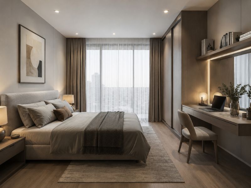 Thiết kế nội thất phòng ngủ chung cư 60m2 với tủ áo cánh lùa và bàn làm việc