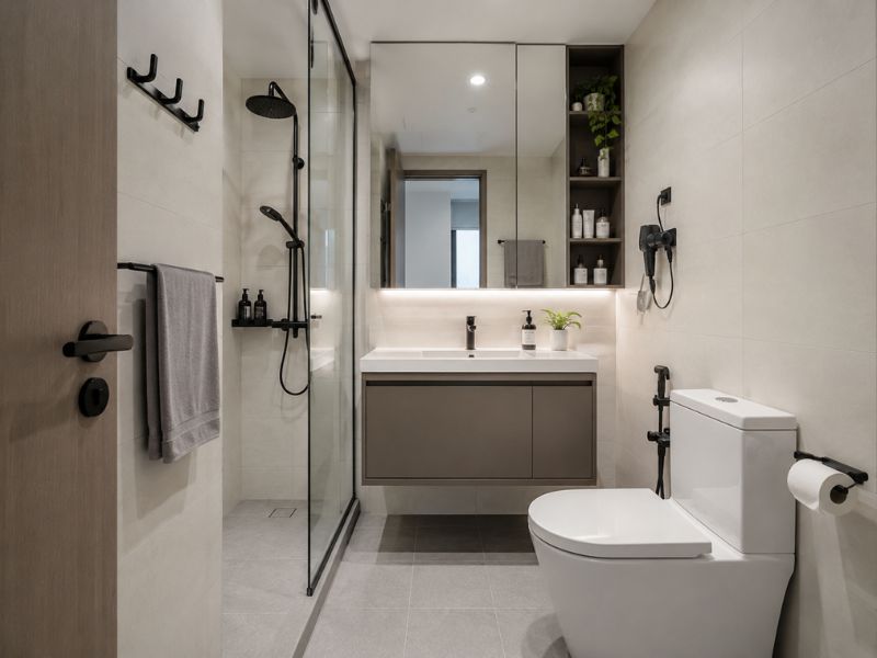 Thiết kế nội thất phòng tắm chung cư 60m2 với tủ gương và vách kính tắm