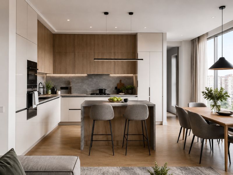 Thiết kế phòng bếp căn hộ chung cư 90m2 với đảo bếp, tủ gỗ và bàn ăn cạnh cửa sổ 