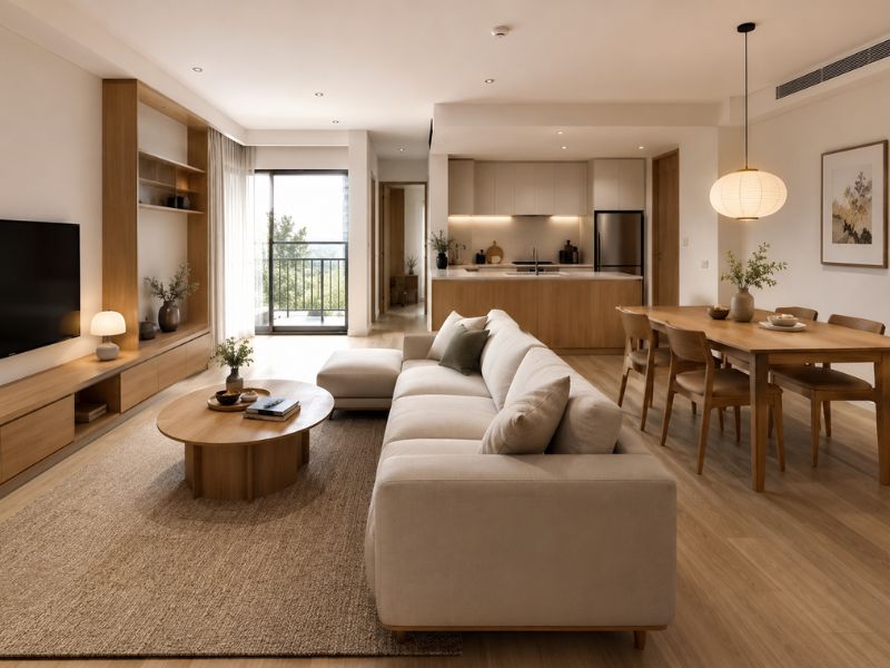 Thiết kế phòng khách căn hộ 90m2 với sofa chữ L, bàn trà tròn và bếp mở phía sau 