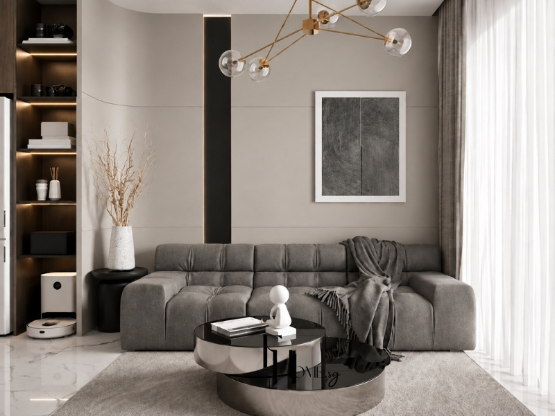 Thiết kế phòng khách căn hộ chung cư 60m2 2 phòng ngủ hiện đại