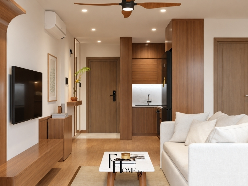 Thiết kế phòng khách căn hộ chung cư 60m2 phong cách Japandi ấm cúng