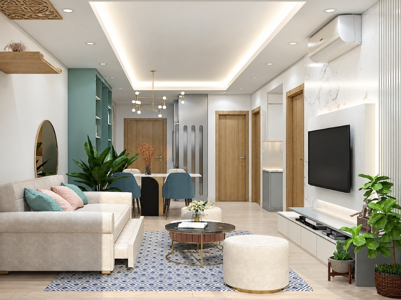 Thiết kế phòng khách căn hộ chung cư 60m2 ưu tiên gam màu sáng và điểm nhấn pastel