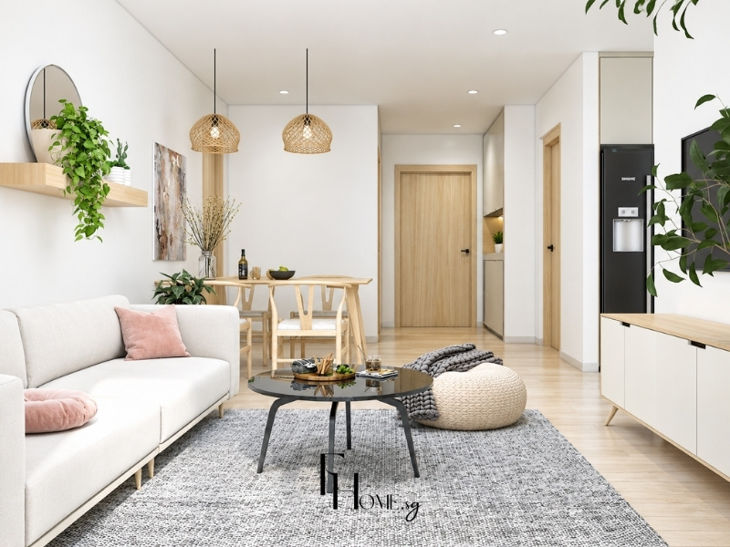 Thiết kế phòng khách liền bàn ăn căn hộ chung cư 60m2 phong cách Bắc Âu